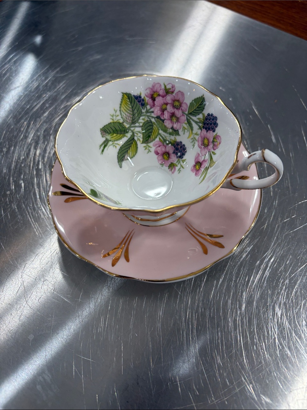 Vintage Blackberries Floral Teacup and Saucer with Gold Trim from Queen Anne